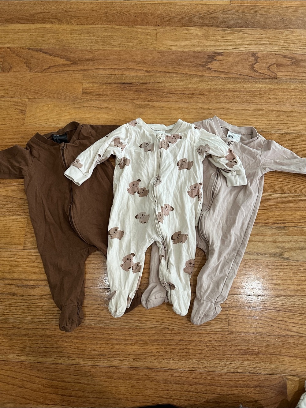 H&M Baby Neutral Dog Print and Solid Footed One-Piece Set - Brown, Cream, Taupe